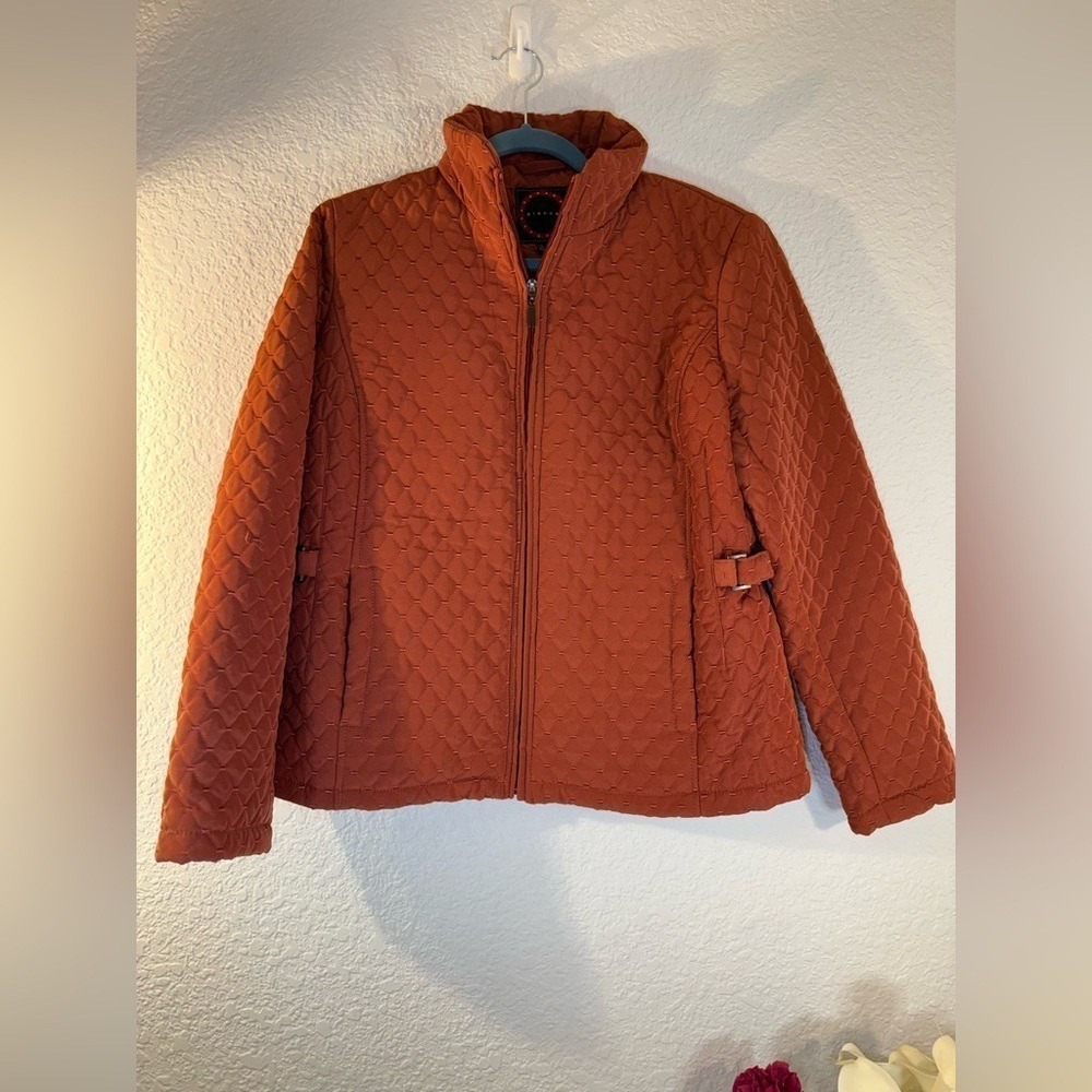 Giacca‎ Rust Quilted Diamond Stitch Lightweight Zip Jacket Side Buckles Large